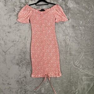 Pretty Garden Pink Floral Smocked Stretch Dress - SIZE S Puff Sleeve Midi Ruched